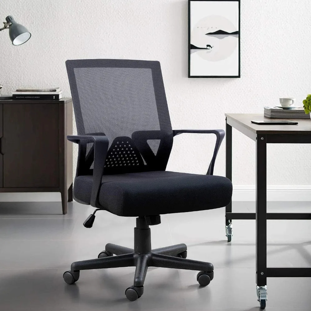 

Office Chairs Office Chair Ergonomic Mid-Back Mesh Chair SwivelChair With Armrests and Thick Seat Black Computer Armchair Desk