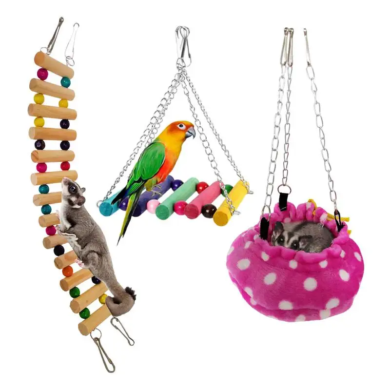 

3 pcs Chinchilla Wooden Ladder Bridge Platform Toy Safe Parrot Play Stand Small Bird Toys with Hooks Parrot Cage Bell Perch Toy