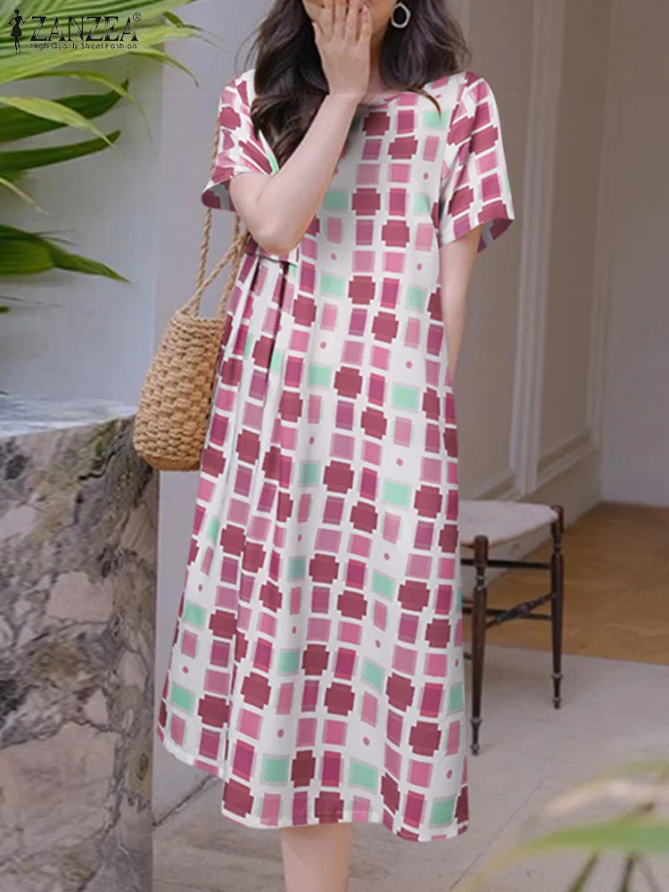 ZANZEA Short Sleeve Fashion Sundress Loose Women Dresses Round Neck Summer Midi Vestido Holiday Color Plaid Casual Party Dress 
ZANZEA Short Sleeve Fashion Sundress Loose Women Dresses Round Neck Summer Midi Vestido Holiday Color Plaid Casual Party Dress