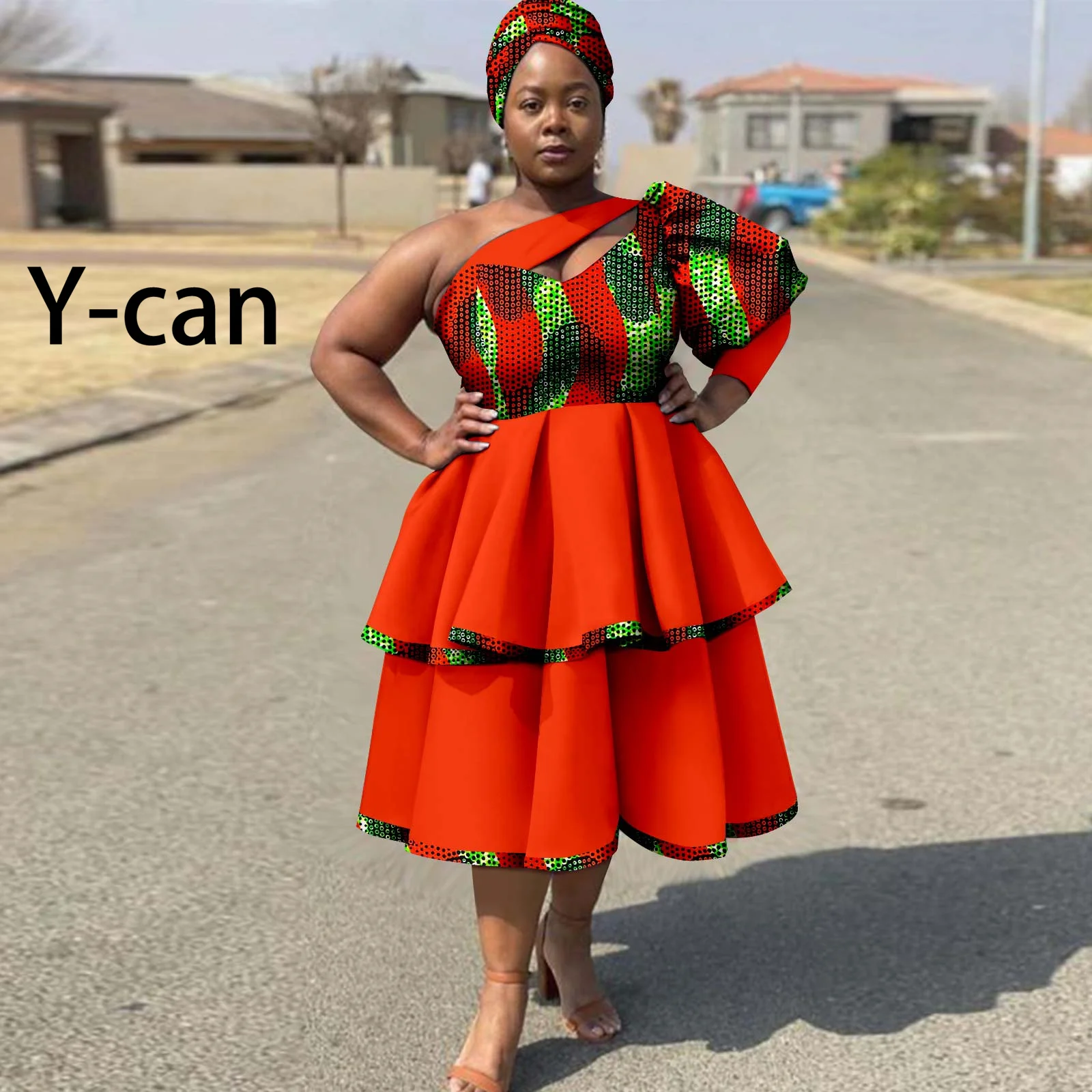 

African Dresses for Women Sexy Cake Skirt Dashiki Ankara Wax One Shoulder Ruffles with Headwrap Bazin Riche for Ladies Y2225022