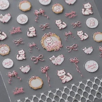 5D 엠보싱 만화 카트 핑크 리본 활 네일 아트 스티커, 카와이 일본 장식, 네일 슬라이더 데칼, DIY 액세서리, 1 개