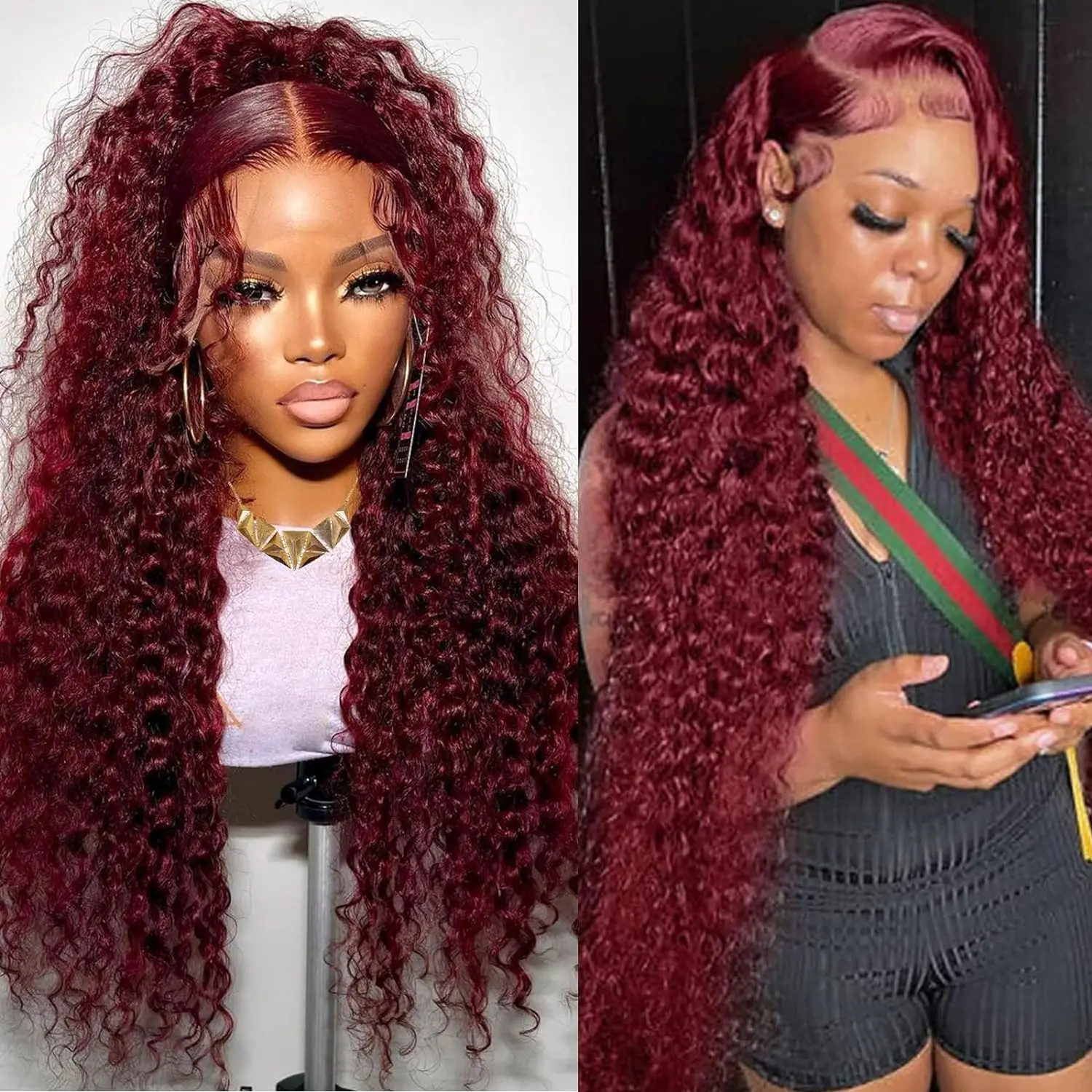 

13x4 Burgundy Deep Wave Lace Front Wigs Human Hair Pre Plucked with Baby Hair 180% Density 99J HD Transparent Lace Frontal Wigs