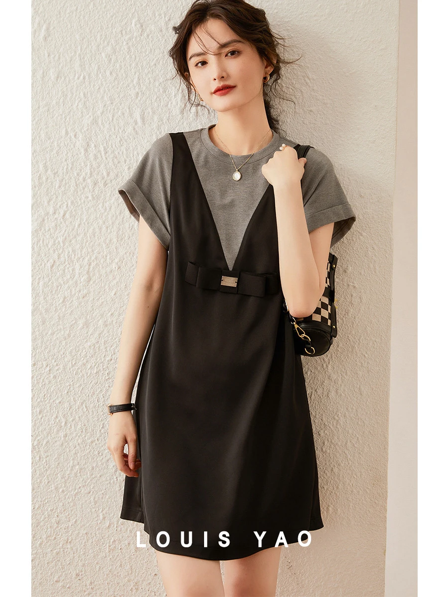 

LOUIS YAO Women Dress Contrast Color Loose Fit A-line Knee-length Round Neck Short Sleeve Bow Office Lady Black Dress