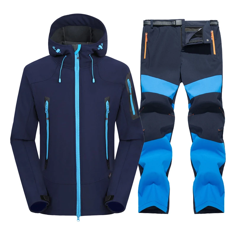 

Waterproof Hiking Suit Men Windproof Warm Fleece Jacket And Pants Outdoor Trekking Camping Hooded Softshell Jackets Ski Trousers