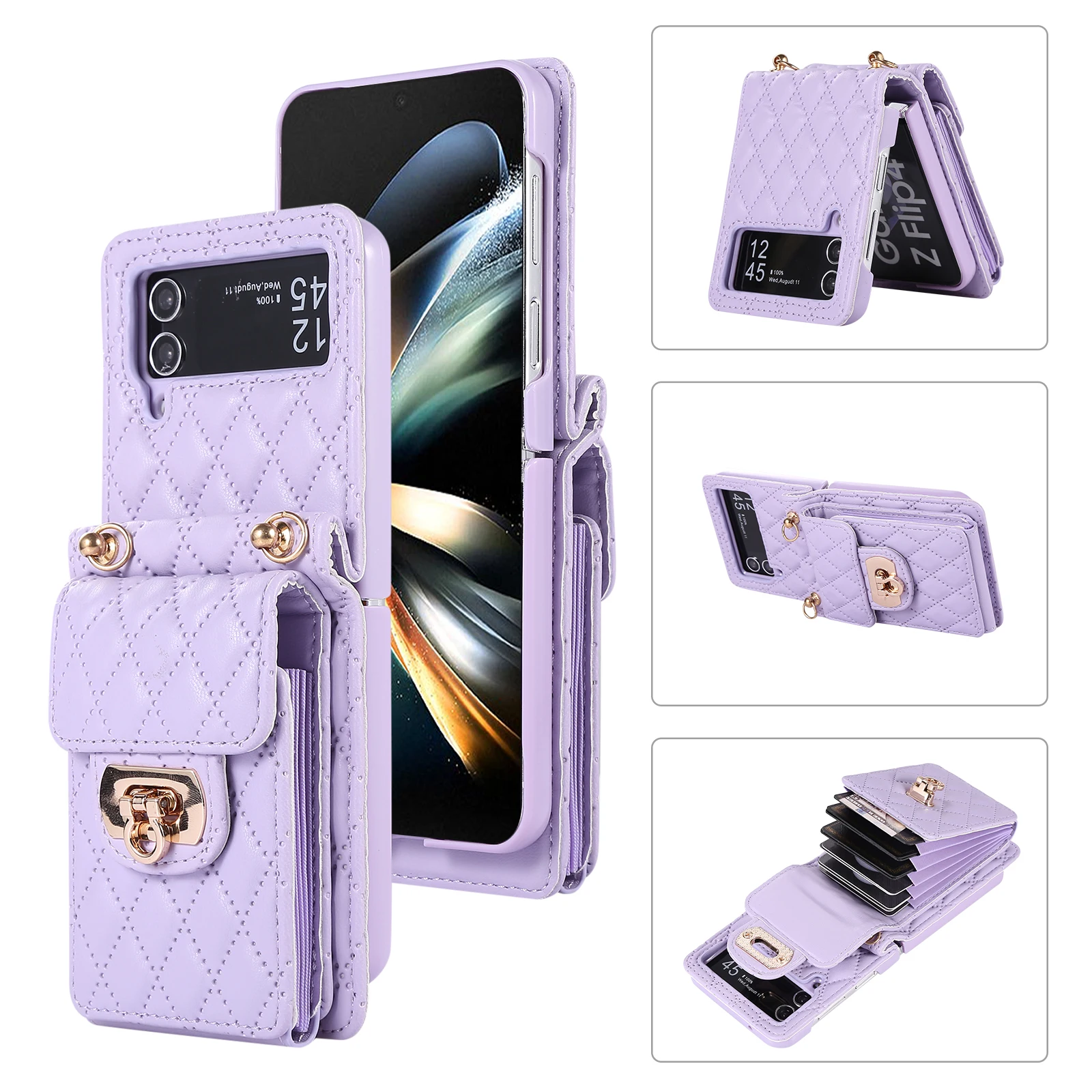 

For Samsung Galaxy Z Flip 5 4 3 Flip5 Flip4 Flip3 5G Crossbody Case Ring RFID Blocking Organ Card Holder Lanyard Leather Cover