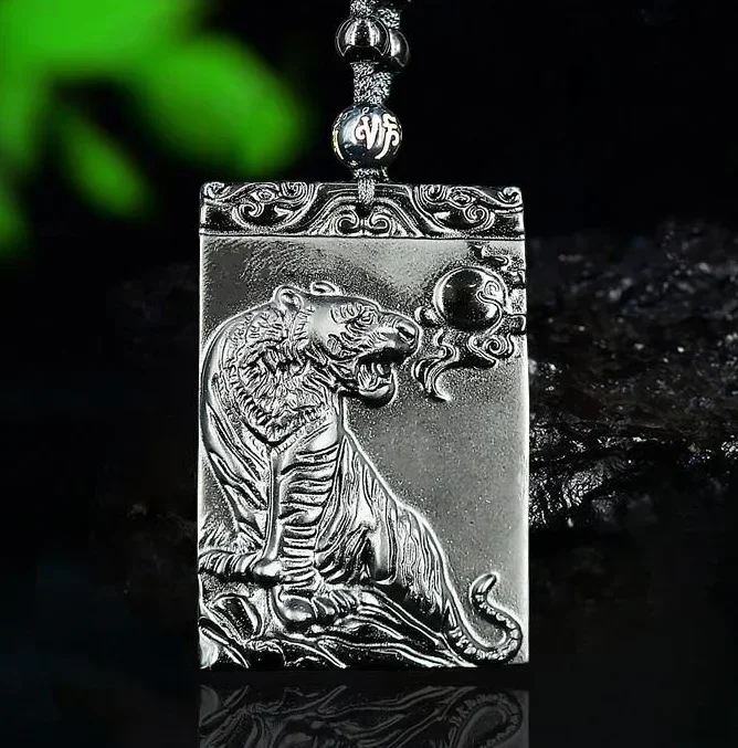 

Natural Black Obsidian Tiger Pendant Chinese zodiac Necklace Fashion Charm Jewellery Carved Pixiu Amulet Gifts for Women Men
