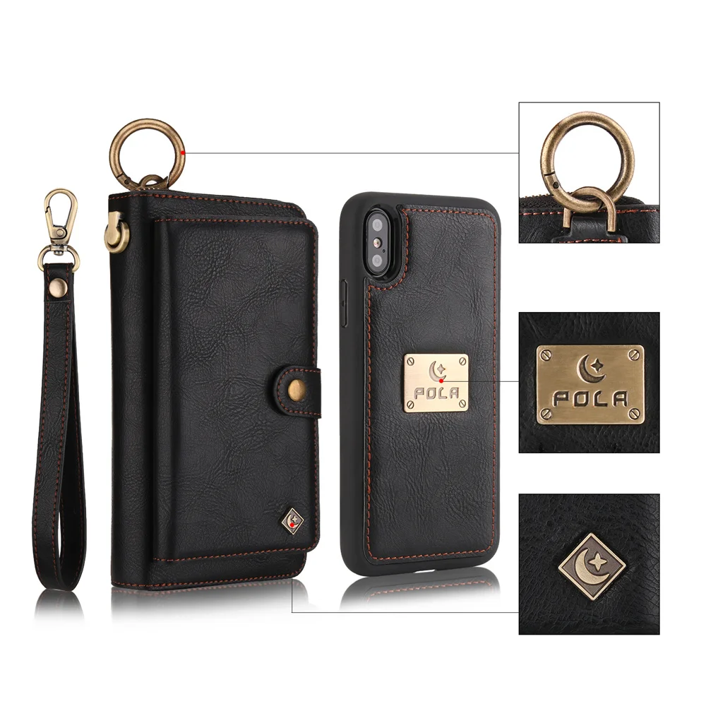 

Luxury Detachable Zipper Purse Magnetic Wallet Case for iPhone XS Max XR XS i6 i7 i8 Plus Shockproof Card Pocket Leather Cover
