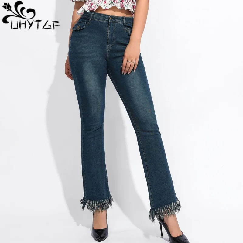 

UHYTGF Vintage Jeans For Women Clothes Spring Autumn Y2K High Waist Pocket Fringe Elegant Chic Female Flare Trousers Denim Pants