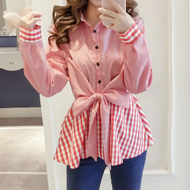 Spring Autumn Fashion Korean Plaid Spliced Blouse Women's Clothing Fake Two Pieces Casual All-match Female Waist Lace Up Shirt
Spring Autumn Fashion Korean Plaid Spliced Blouse Women's Clothing Fake Two Pieces Casual All-match Female Waist Lace Up Shirt