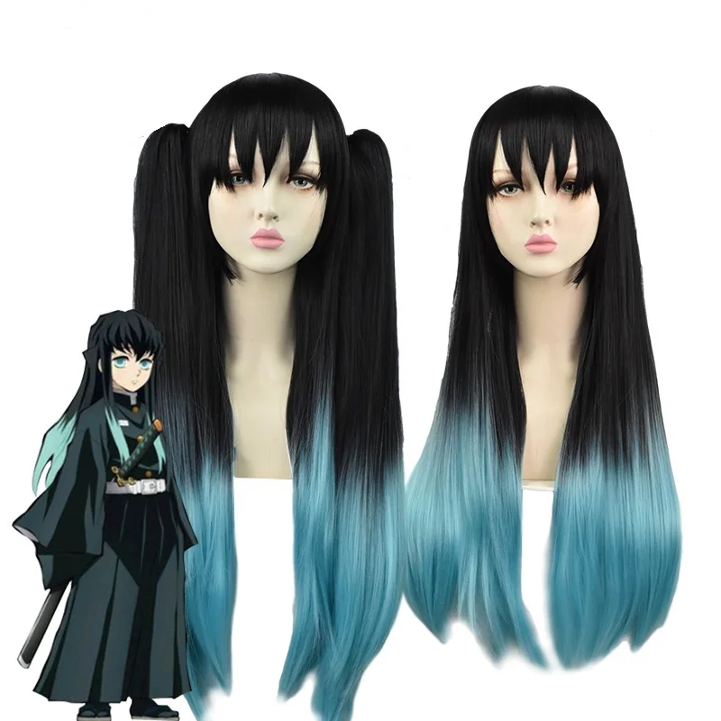 

SHANGZI Game Anime Demon Slayer Cosplay Wig Pre Styled 90cm Long balck and blue gradient ponytail Heat Resistant Synthetic