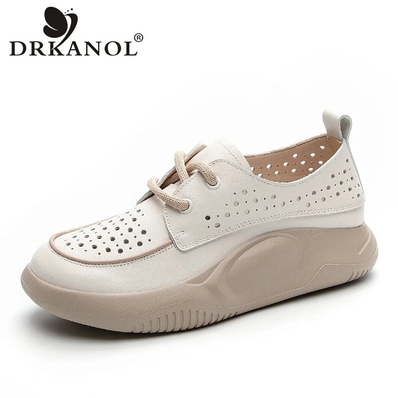 

DRKANOL 2024 Summer Casual Sneakers Women Lace-Up Genuine Leather Breathable Hollow Out Comfort Wedges Lightweight Leisure Shoes