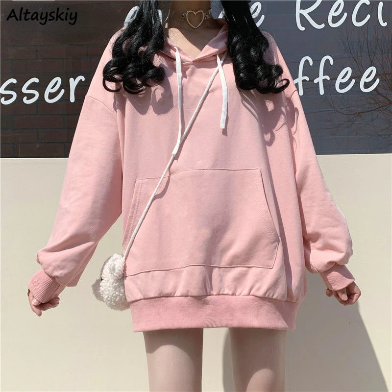 

Hoodies Women Stylish BF Basic College Autumn All-match Daily Korean Style Ulzzang Pullovers Hooded Loose Kangaroo Pocket Solid