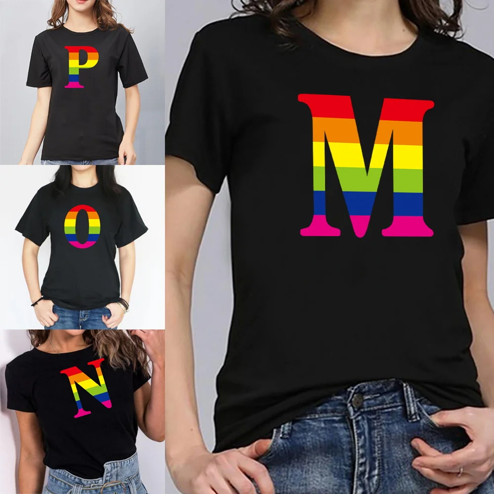T-Shire Women's Short Sleeve Summer Black O-Neck Cartoon Simple Rainbow Letter Pattern Women's T-Shirt Fashion Casual Top Tee
T-Shire Women's Short Sleeve Summer Black O-Neck Cartoon Simple Rainbow Letter Pattern Women's T-Shirt Fashion Casual Top Tee