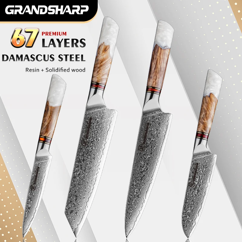 

Grandsharp 4Pcs Kitchen Knife Set Damascus Steel 10Cr15C0Mov Steel Vegetables Fruit Slicer kiritsuke Chef Knives Cooking Tools