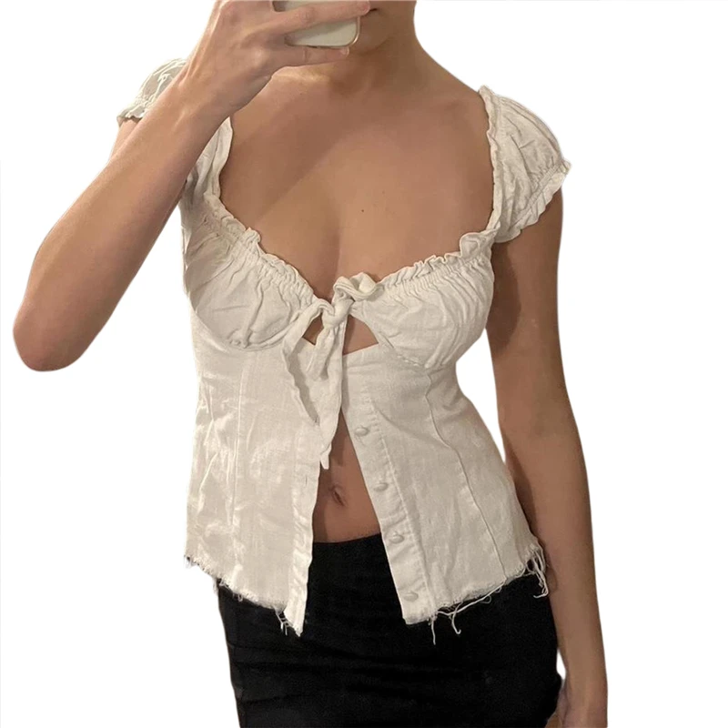 Women Crop Top Summer Fairy Grunge Clothes Solid Color Short Sleeve Button Down Tshirt Ruffle Vest y2k Clothing Party Streetwear
Women Crop Top Summer Fairy Grunge Clothes Solid Color Short Sleeve Button Down Tshirt Ruffle Vest y2k Clothing Party Streetwear