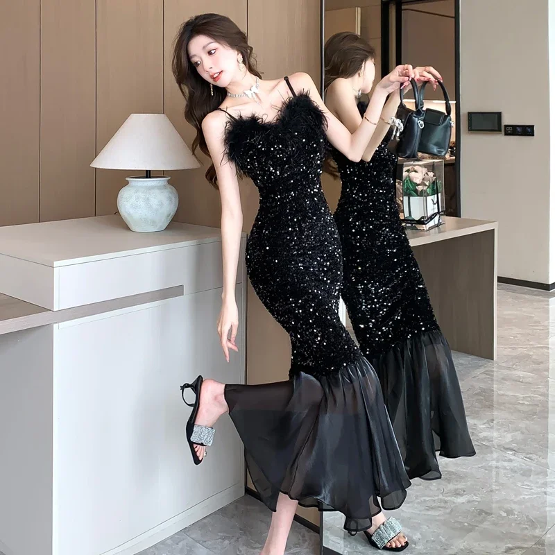 New Fashion Korean Sling Dresses Women's Fishtail Black Paillette Evening Prom Long Dress
New Fashion Korean Sling Dresses Women's Fishtail Black Paillette Evening Prom Long Dress