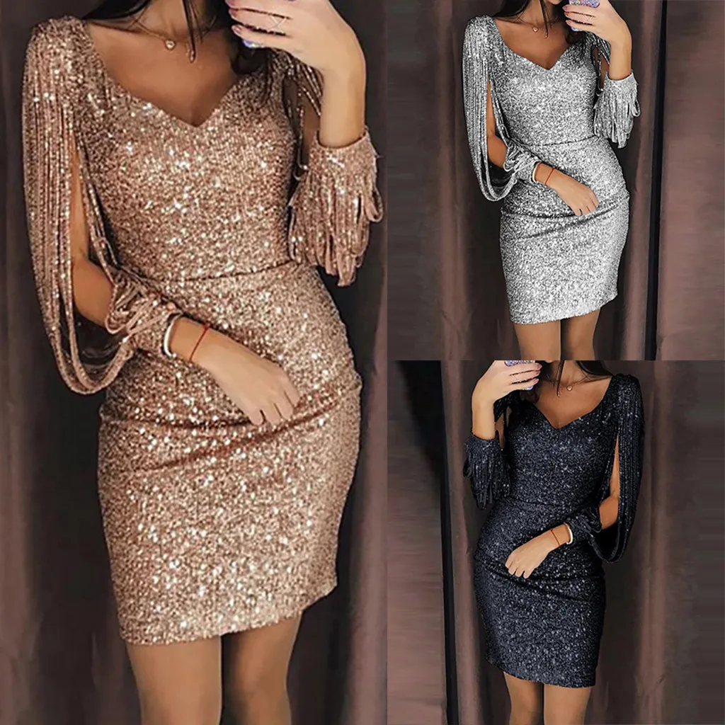 

Women's Sequin Long Sleeved V-Neck Sexy Party Dress Elegant Tight Fitting A-Line Solid Color Dancing Party Fashionable Dress