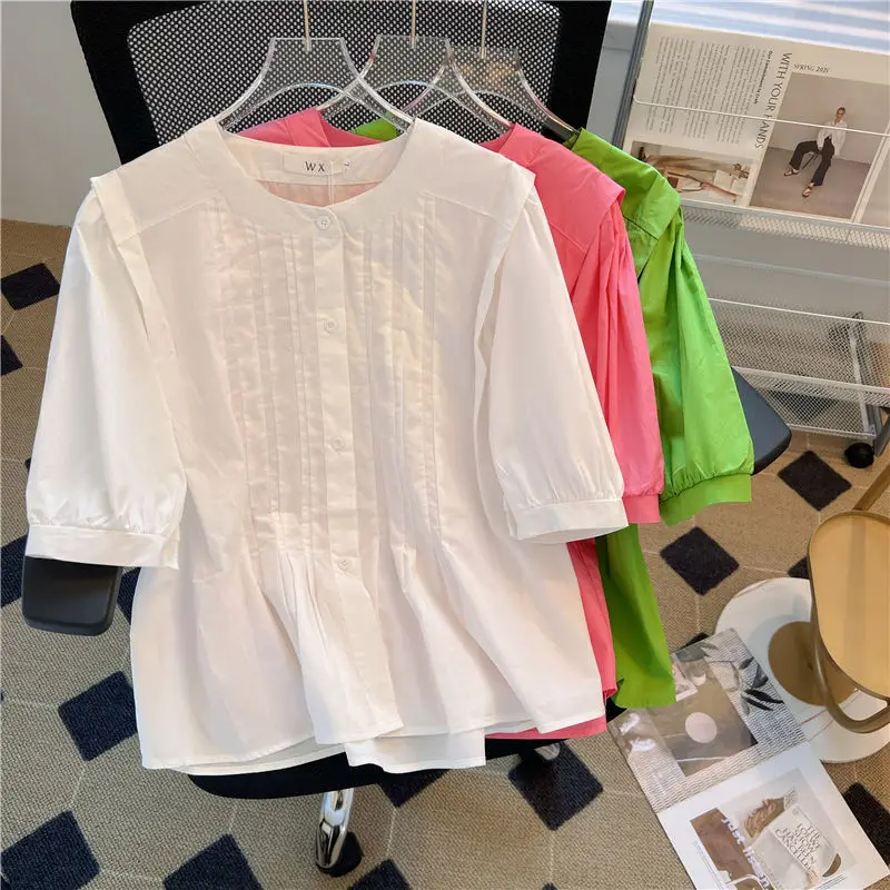 

EBAIHUI French Solid Color Women Shirt Korean Loose Fold Design Ladies Short Sleeved Blouse Summer Round Neck Puff Sleeve Blusas