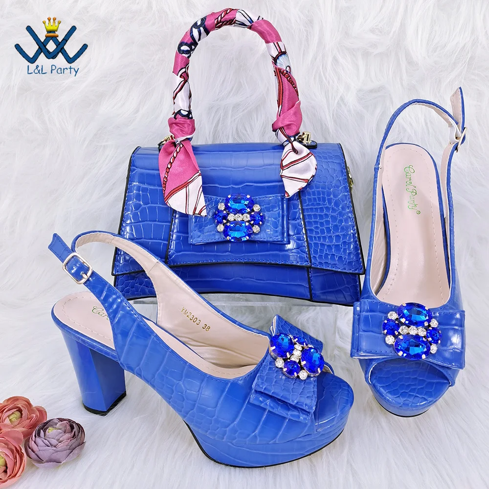 

Italian Style Shoes and Bag in Royal Blue Color Peep Toe Sandals with Shinning Crystal 2024 Specials Design Mature Women for Par