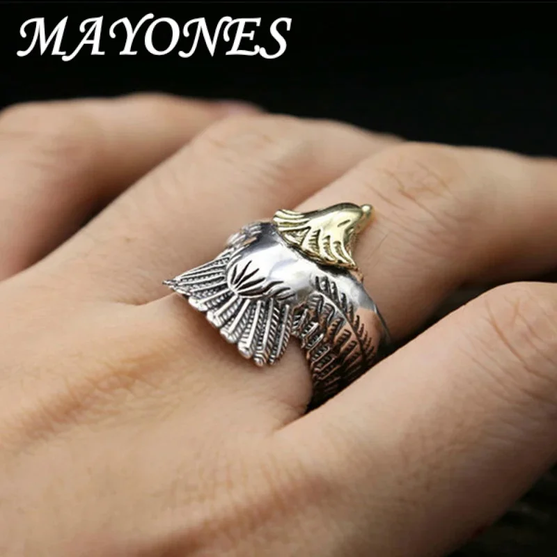 

2019 Fashion Real 925 Sterling Silver Eagle Rings for Women men Boho Adjustable S925 Antique Rings Feather Anillos joyas 166