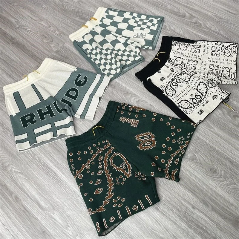 

Re listed RHUDE Street Fashion Brand Retro Slogan Casual Pants RHUDE Jacquard Knitted Drawstring Shorts for Men and Women's Shor