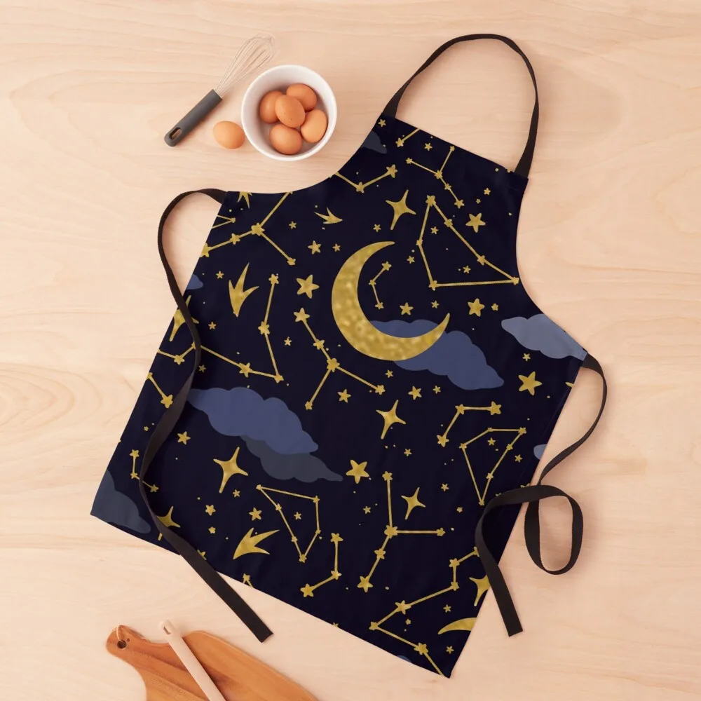 

Celestial Stars and Moons in Gold and Dark Blue Apron Apron women's