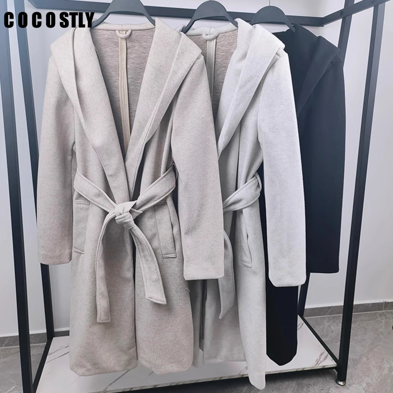 

Cocostly 2023 Autumn Women Simple Solid Hooded Belt Woolen Coats Female Casual Loose Temperament Mid Length Overcoat Jacket New