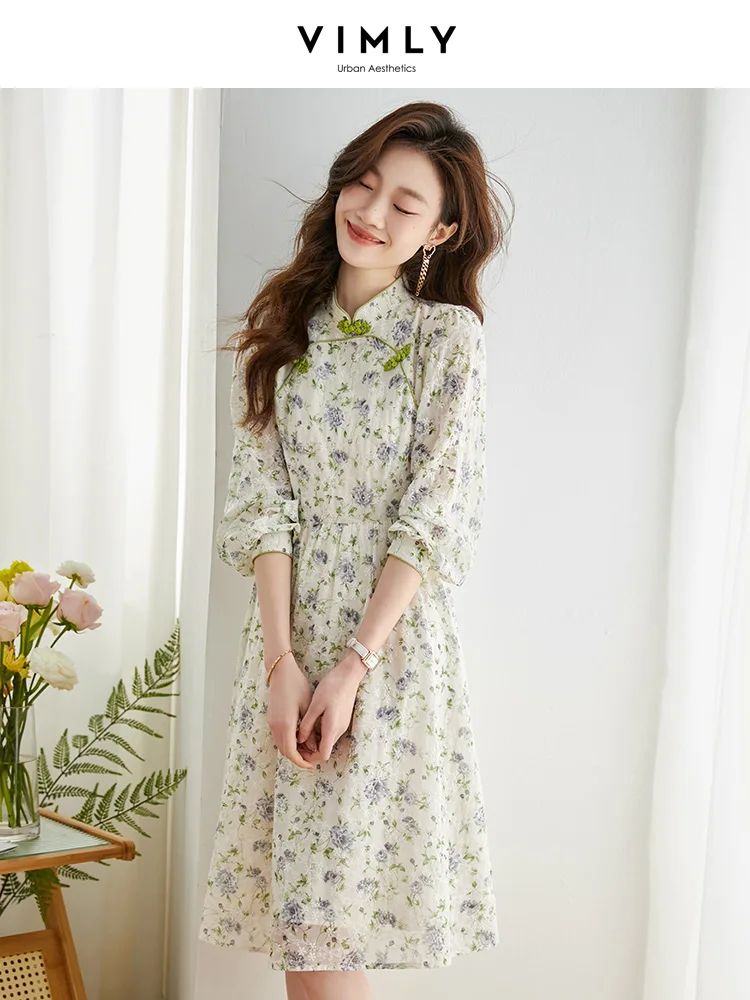 

Vimly Chinese Style Improved Cheongsam Skirt Dress Women 2023 Spring Autumn Long Puff Sleeve Elegant and Chic Floral Midi Dress
