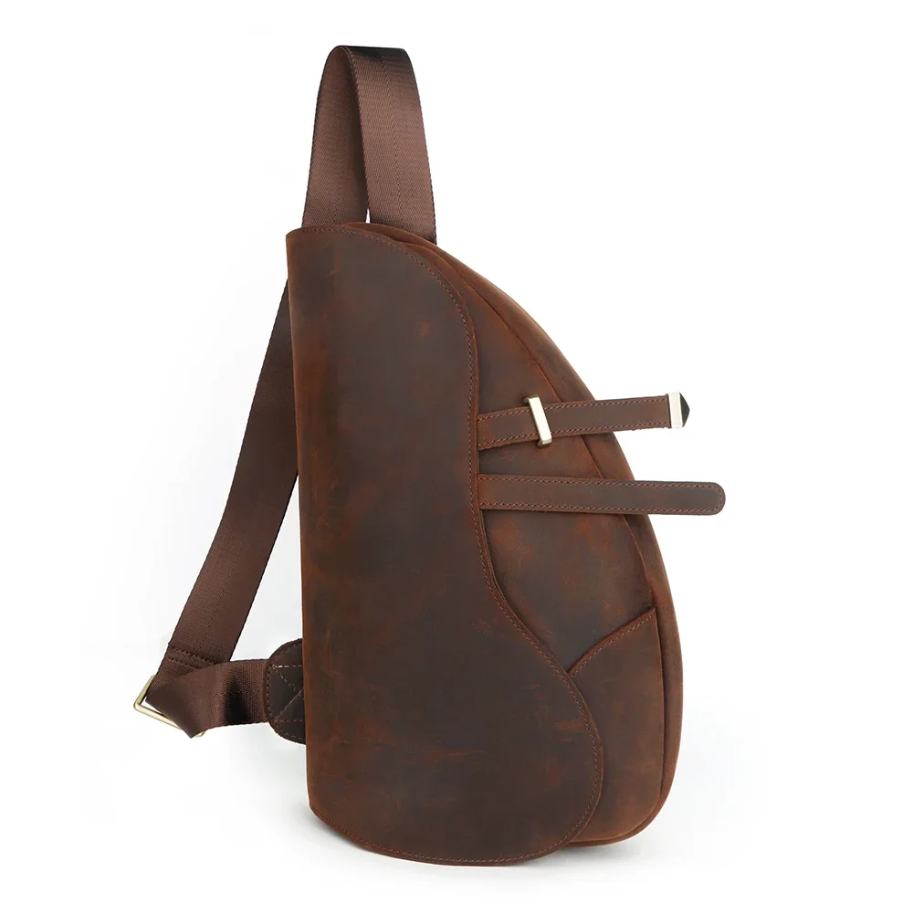 

Vintage Sling Chest Bag Crazy Horse Leather Casual Shoulder for Men Cowhide Chest Packs Crossbody Bag Cowboy Male Daypacks