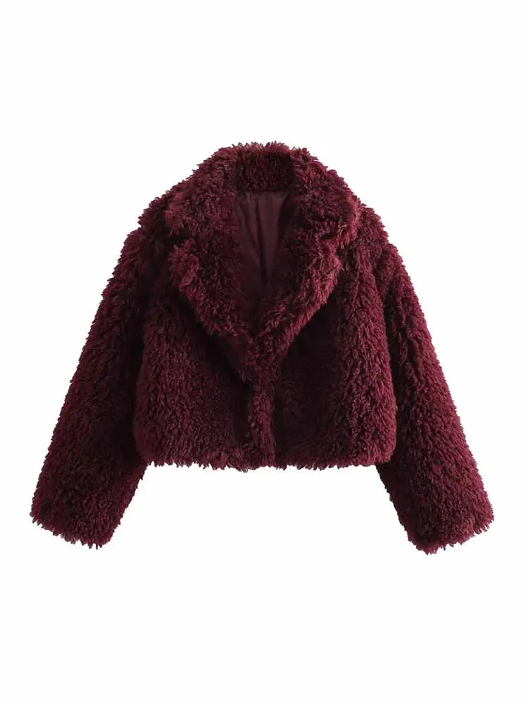 

Women New Fashion Artificial fur effect Cropped Thick Warm Coat Vintage Long Sleeve Button-up Female Outerwear Chic Overshirt