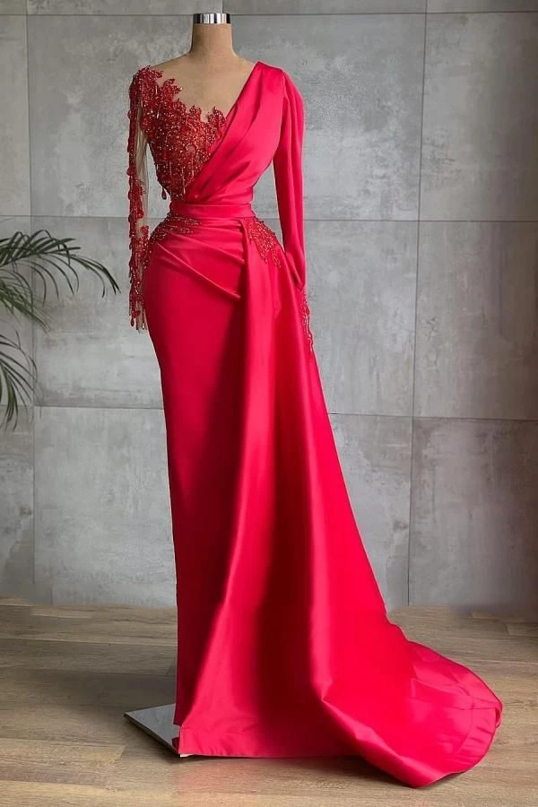 

Elegant V-Neck Straight Evening Dress with Side Slit Peplum Red Satin Formal Celebrity Party Gowns Lace Beaded Women Prom Wear