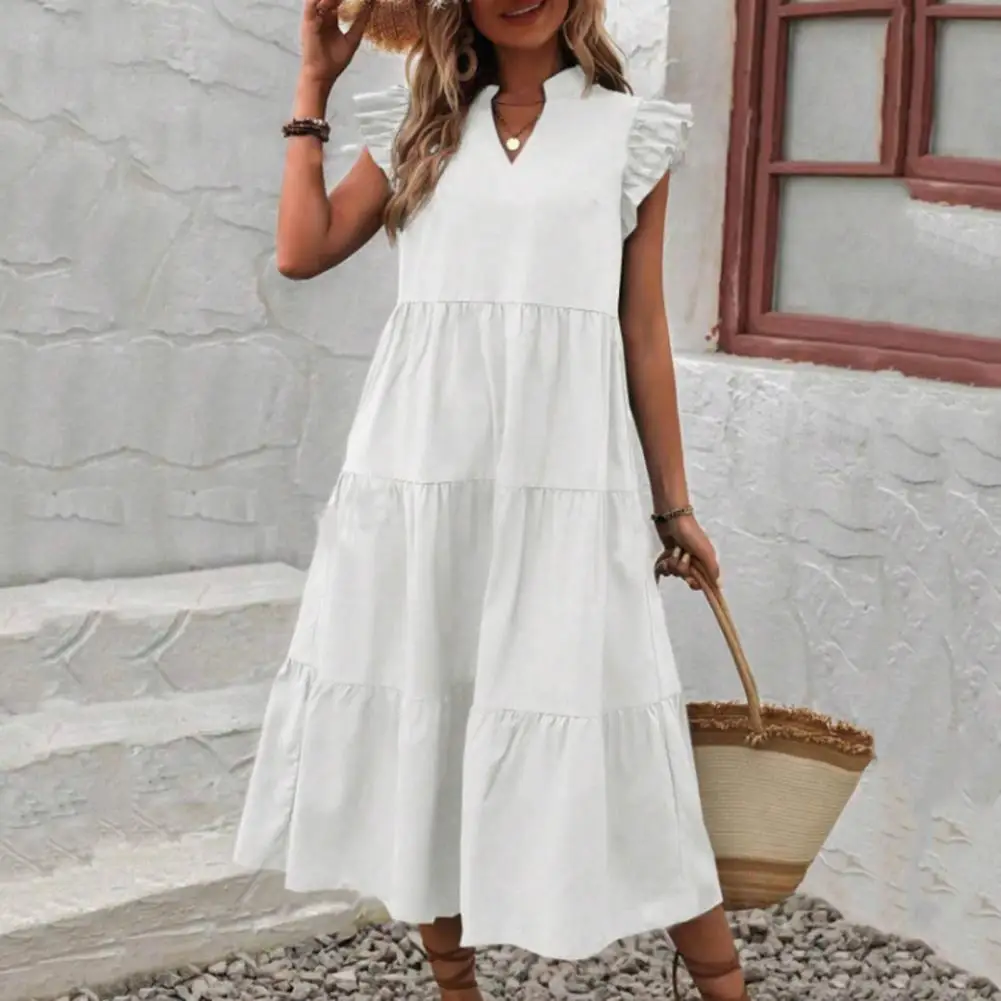 

Summer Dress V-neck Midi Dress Elegant V Neck A-line Midi Dress with Ruffle Sleeves for Women for Dating Parties Beach Vacations