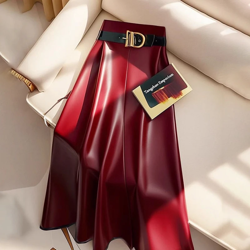 High end goddess style high-end red PU skirt for women 2024 new Leather midi skirt, mid length umbrella skirt 75 S5bb9971f1d8f4859ade9cf38ba37f637r