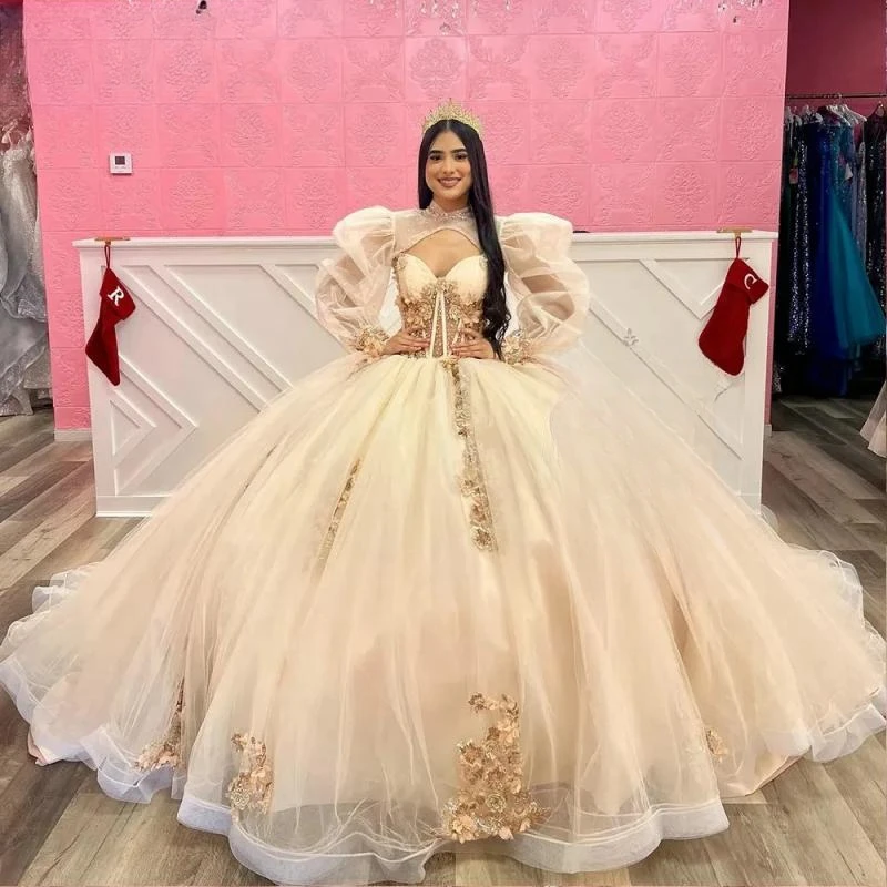 

Champagne Illusion Beading 3D Flowers Ball Gown Quinceanera Dresses With Jacket Appliques Lace Corset Vestidos De 15 Años
