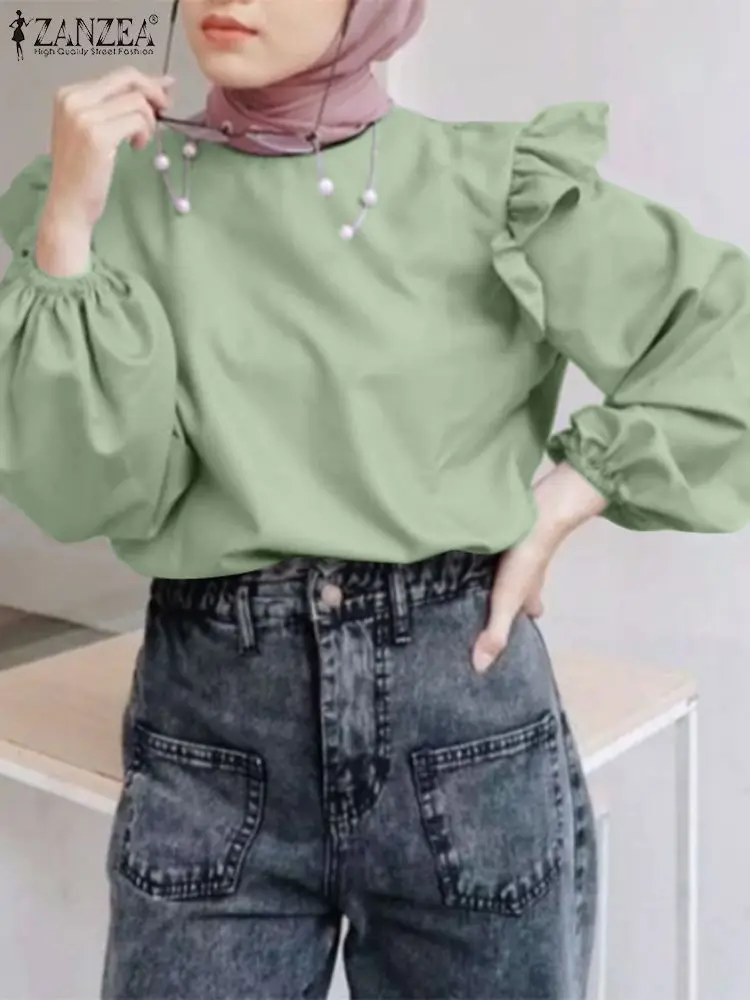 

Women Autumn Blouse Muslim FashionTops ZANZEA Ramadan Abaya Turkey Dubai Blouses Long Sleeve Flounce Shirt Islamic Clothing