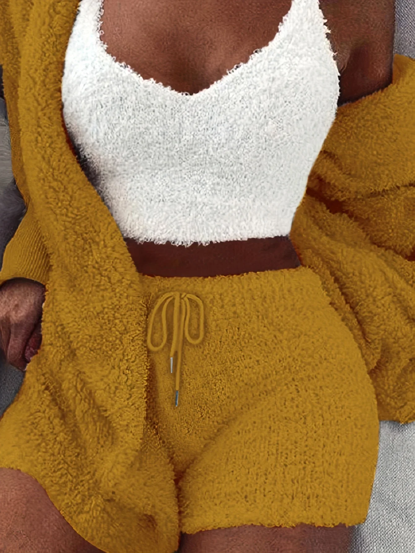 Warm Fuzzy Pajama Set, Long Sleeve Hooded Robe & Tank Top & Drawstring Shorts, Women's Sleepwear & Loungewear
Warm Fuzzy Pajama Set, Long Sleeve Hooded Robe & Tank Top & Drawstring Shorts, Women's Sleepwear & Loungewear