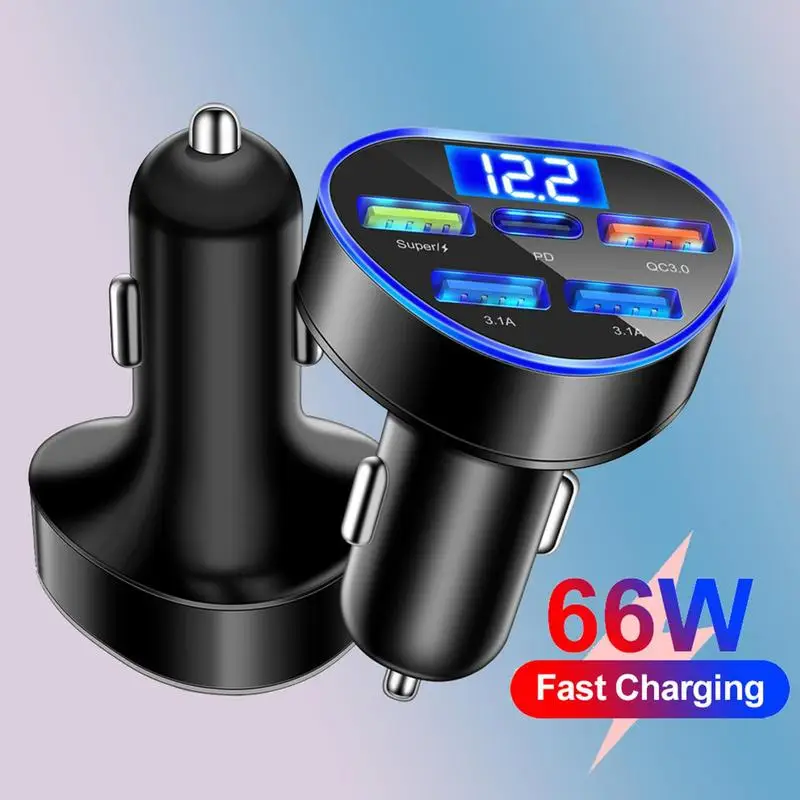 Автомобильное зарядное устройство USB Тип C PD QC 3,0, 66 Вт, 5 в 1, адаптер для быстрой зарядки со светодиодным дисплеем напряжения, автомобильное зарядное устройство для телефона
Автомобильное зарядное устройство USB Тип C PD QC 3,0, 66 Вт, 5 в 1, адаптер для быстрой зарядки со светодиодным дисплеем напряжения, автомобильное зарядное устройство для телефона