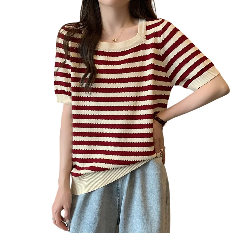 XL-4XL Large Size Striped Knitted Tops For Women Summer New Square Neck Oversized Sweaters Short Sleeve Ice Silk Knit Pullover
XL-4XL Large Size Striped Knitted Tops For Women Summer New Square Neck Oversized Sweaters Short Sleeve Ice Silk Knit Pullover