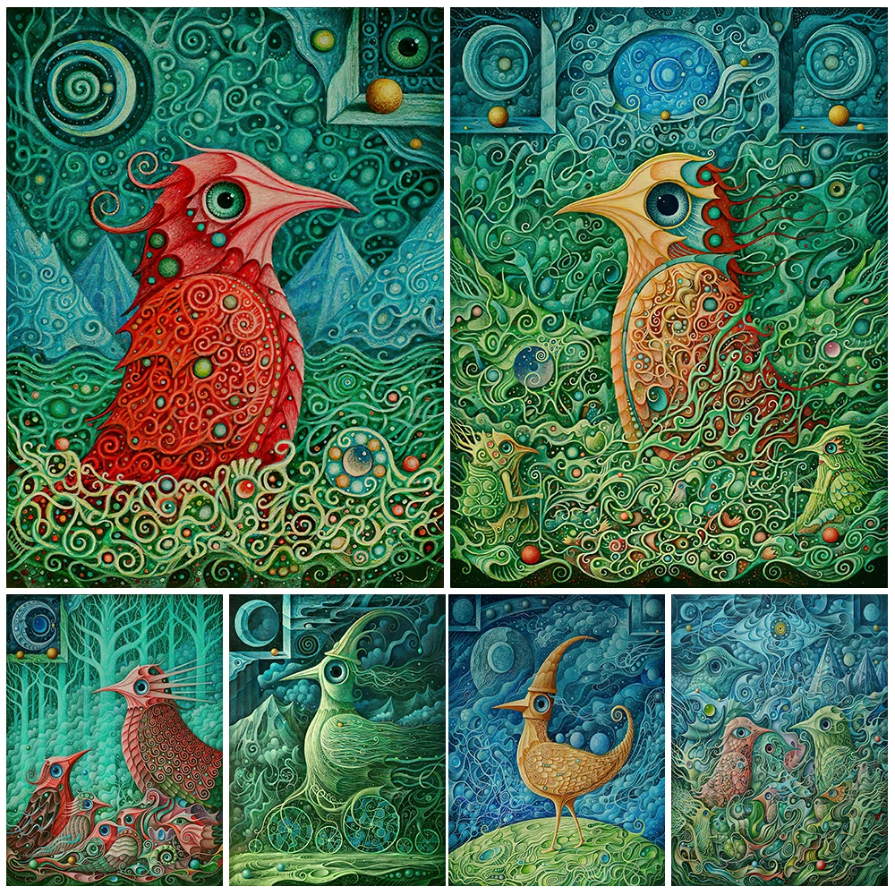 

Magic Forest Guardians Wall Art Canvas Painting Magic Green Land Guardian Bird Abstract Poster And Prints Home Decor Unframed