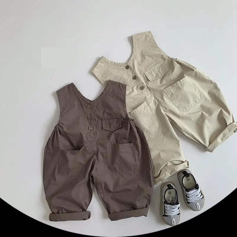 

2024 Summer New Children Loose Overalls Solid Baby Girl Sleeveless Jumpsuit Toddler Boy Vintage Strap Trousers Kids Casual Pants