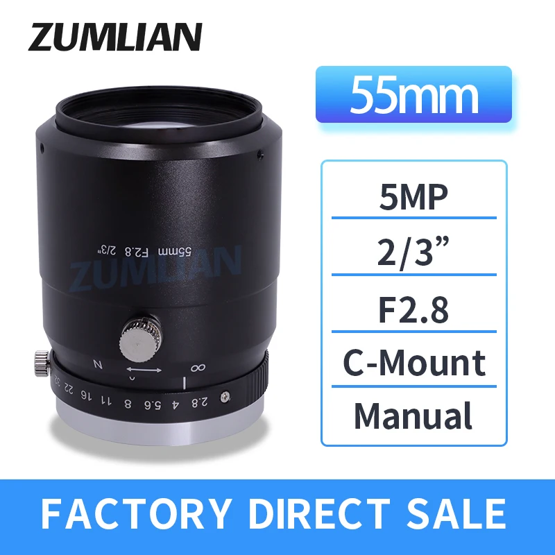 

ZUMLIAN C-Mount 55mm Fixed Focal Lenth FA Machine Vision 2/3'' Industrial Camera Manual Iris F2.8 CCTV Telephoto Macro Lens 5MP