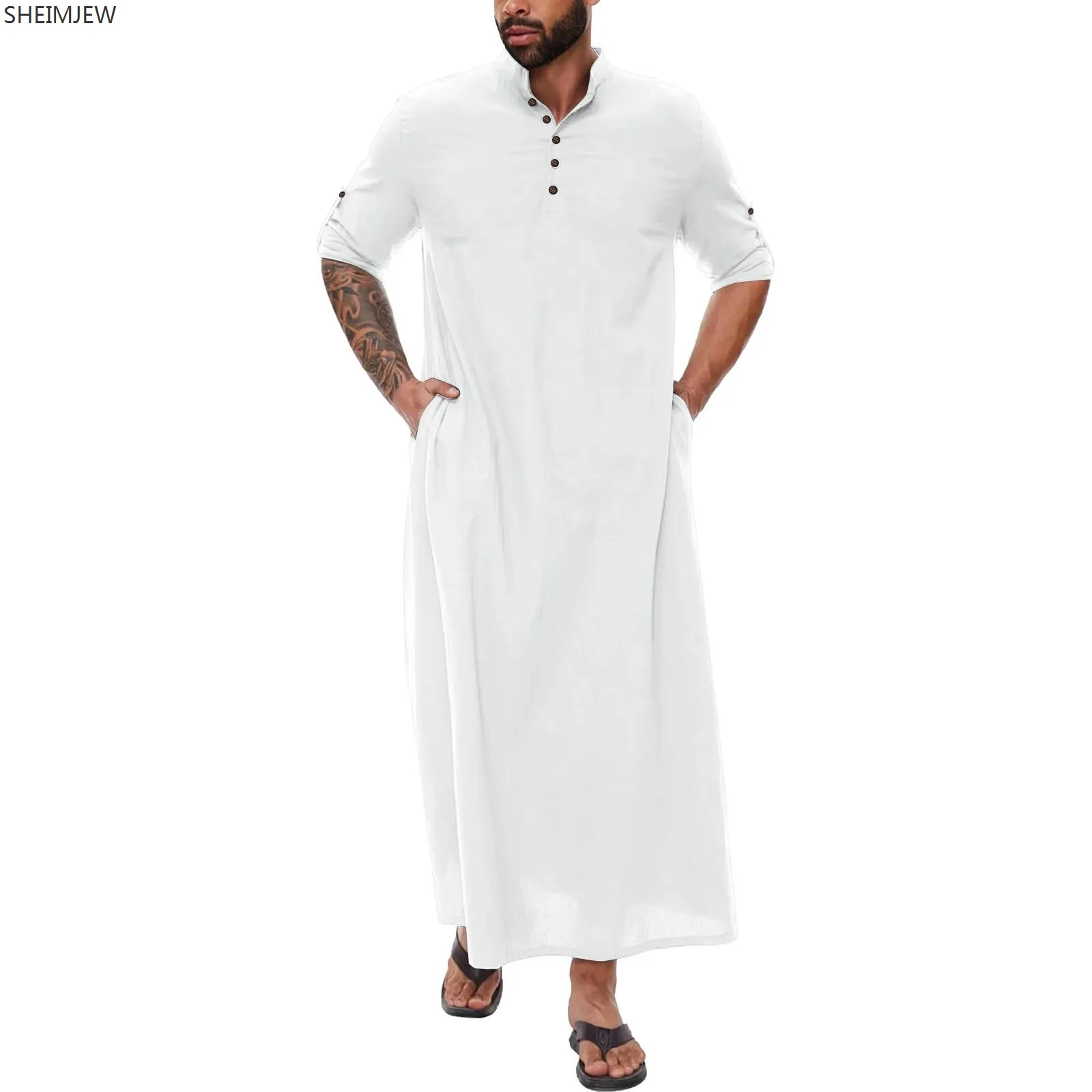 Arabic Style Simple Cotton And Linen Long Clothing Men's Stand Collar Button Muslim Robe Simple Side Slit Buttoned Pocket Outfit
Arabic Style Simple Cotton And Linen Long Clothing Men's Stand Collar Button Muslim Robe Simple Side Slit Buttoned Pocket Outfit