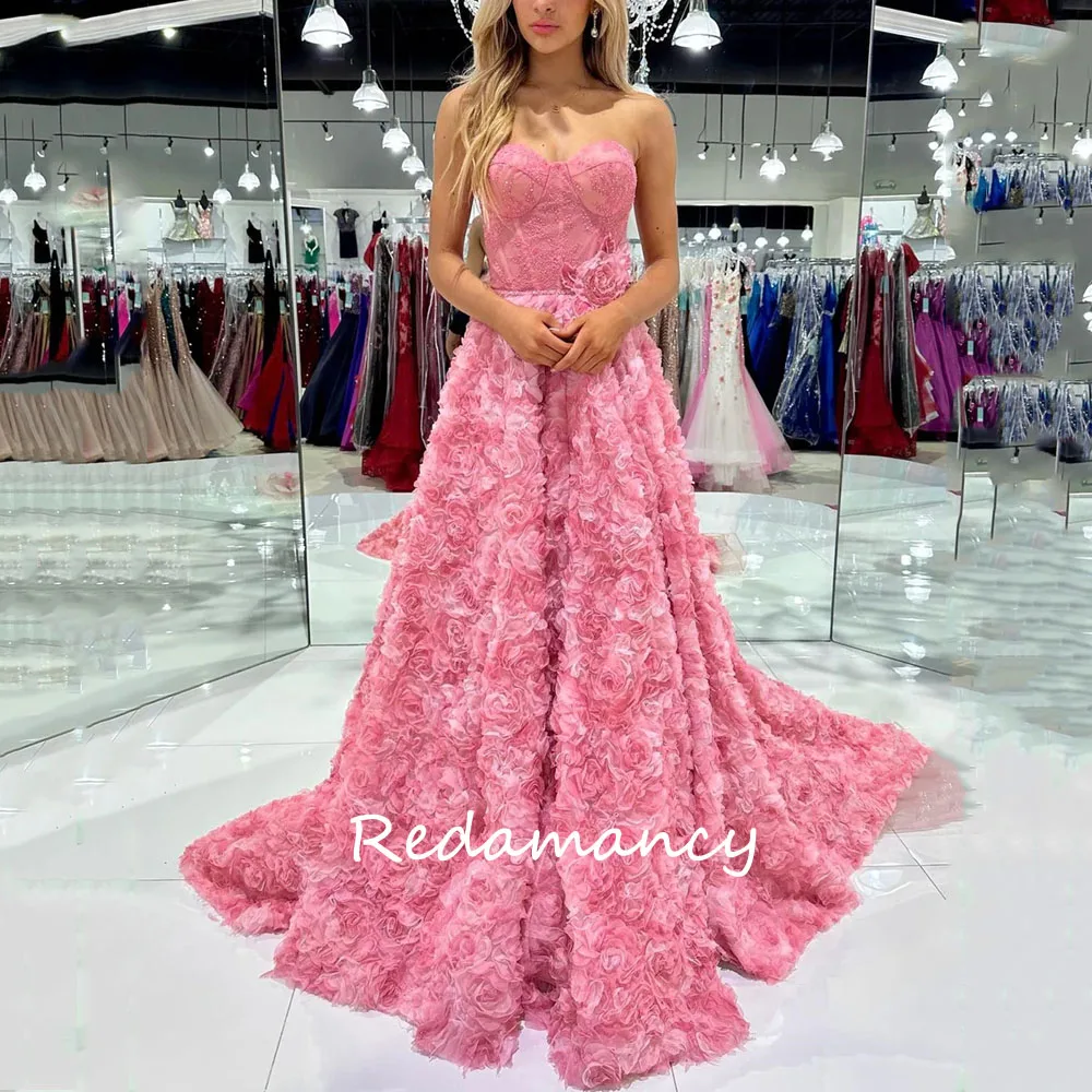 

Redamancy Pink Sweetheart 3D Flowers A-LINE Prom Dresses 2024 Backless Slim Sweep Train vestidos de novia Wedding Party Dress