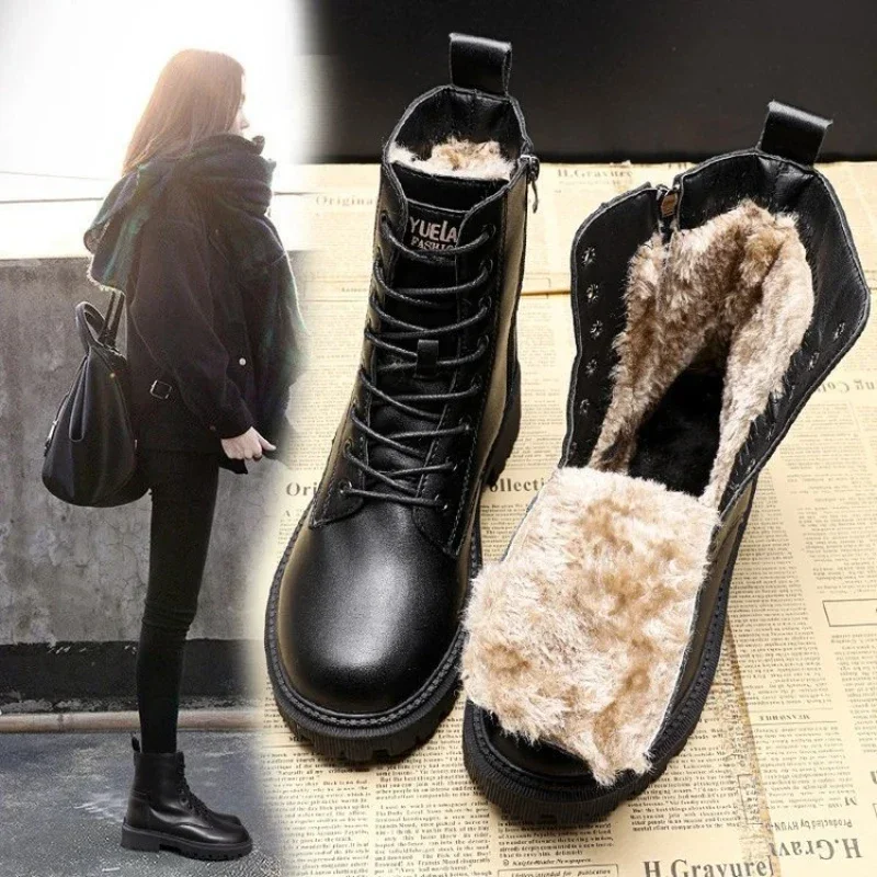 

Black Leather Boot Ankle Booties Plush Warm Platform Shoe Fashion British Style Botas Winter Furry Boots Zapatos Para Mujeres 40