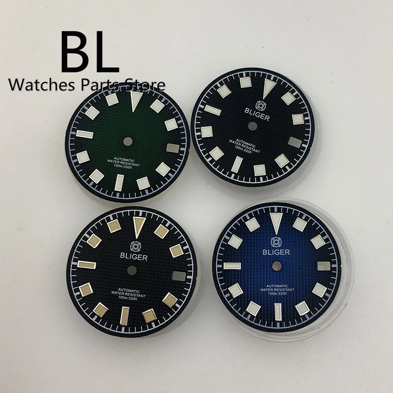 

BLIGER 29mm Watch Dial Square Time Marks Grid Pattern Green Luminous For NH35 Automatic Movement Black BLUE Green Color Date