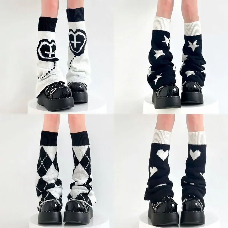 

Y2K Punk Knitted Leg Warmers Star Gothic Cross Harajuku Women Heart Two Side Wear Loose Fit Leg Covers Sock JK Thigh High Lolita