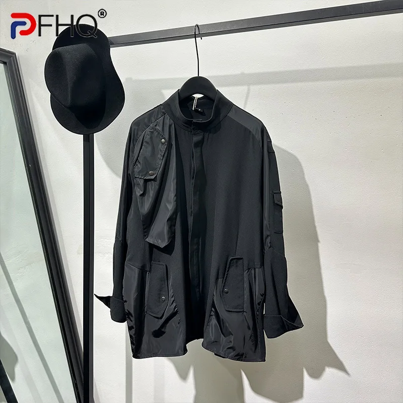 

PFHQ Men's Multiple Pockets Function Shirts Standing Collar Long Sleeved Niche Streetwear Male Personality Tops Summer 21Z4385