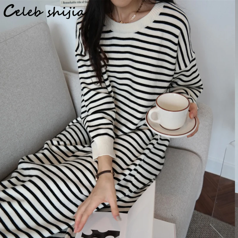 Winter Black Striped Long Sweater Dress Women 2023 Autumn Thicken Woolen Dress Ladies O-neck Oversized Knitted Vestido Chic
Winter Black Striped Long Sweater Dress Women 2023 Autumn Thicken Woolen Dress Ladies O-neck Oversized Knitted Vestido Chic