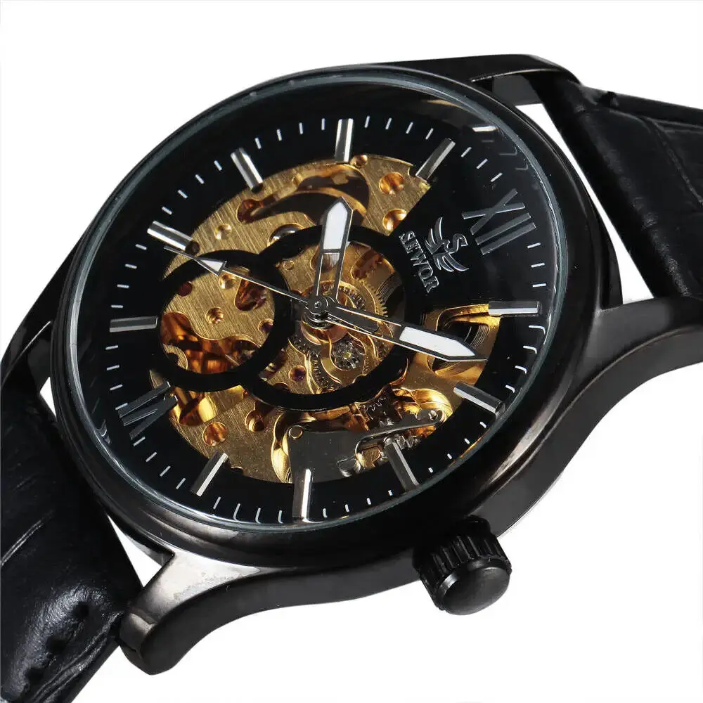

SEWOR Brand New Arrival Black Leather Strap Skeleton Mechanical Watch Automatic Self Wind Men's Wrist Watch Nice Gift