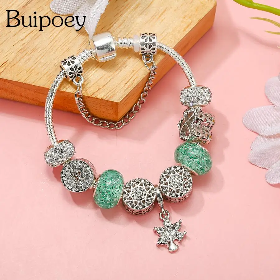 

Buipoey, зеленые кристаллы, звезда, бусины, сердце, очаровательные браслеты для женщин, DIY бусина серебряного цвета браслет и браслет, ювелирные изделия